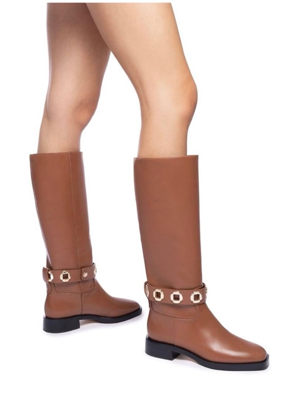 Larroudè Milan Flat Boot in Caramel Leather with gold straps
